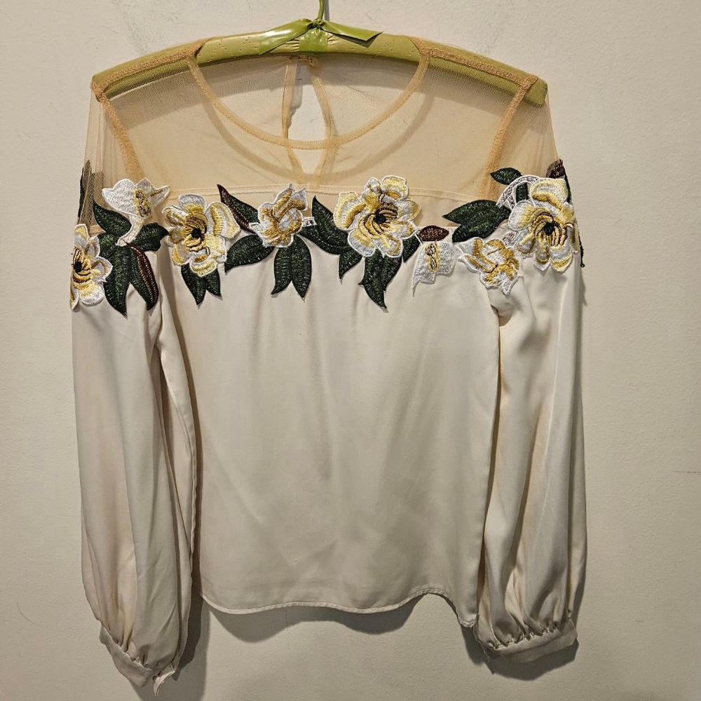 Women's Creme Satiny Blouse with Beautiful Floral Embroidery, Size M